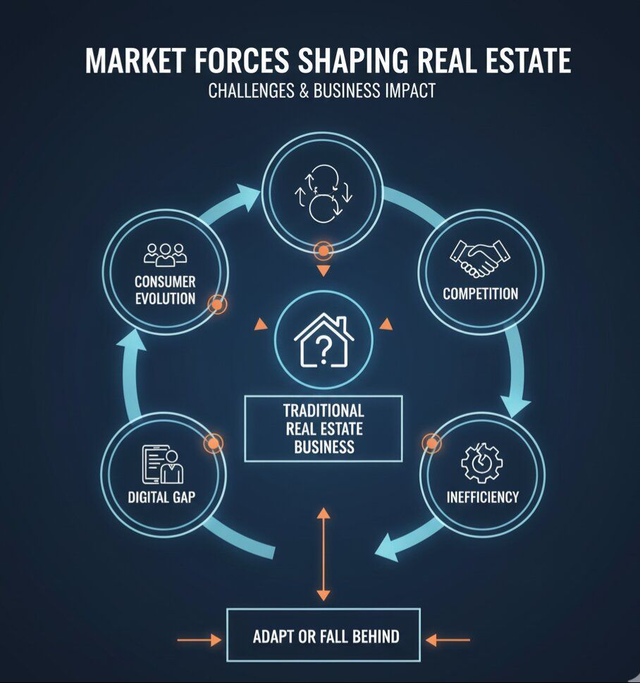 Market Forces Diagram - circular infographic showing 4 key challenges with icons (competition, inefficiency, digital gap, consumer evolution) and connecting arrows showing impact on traditional real estate business