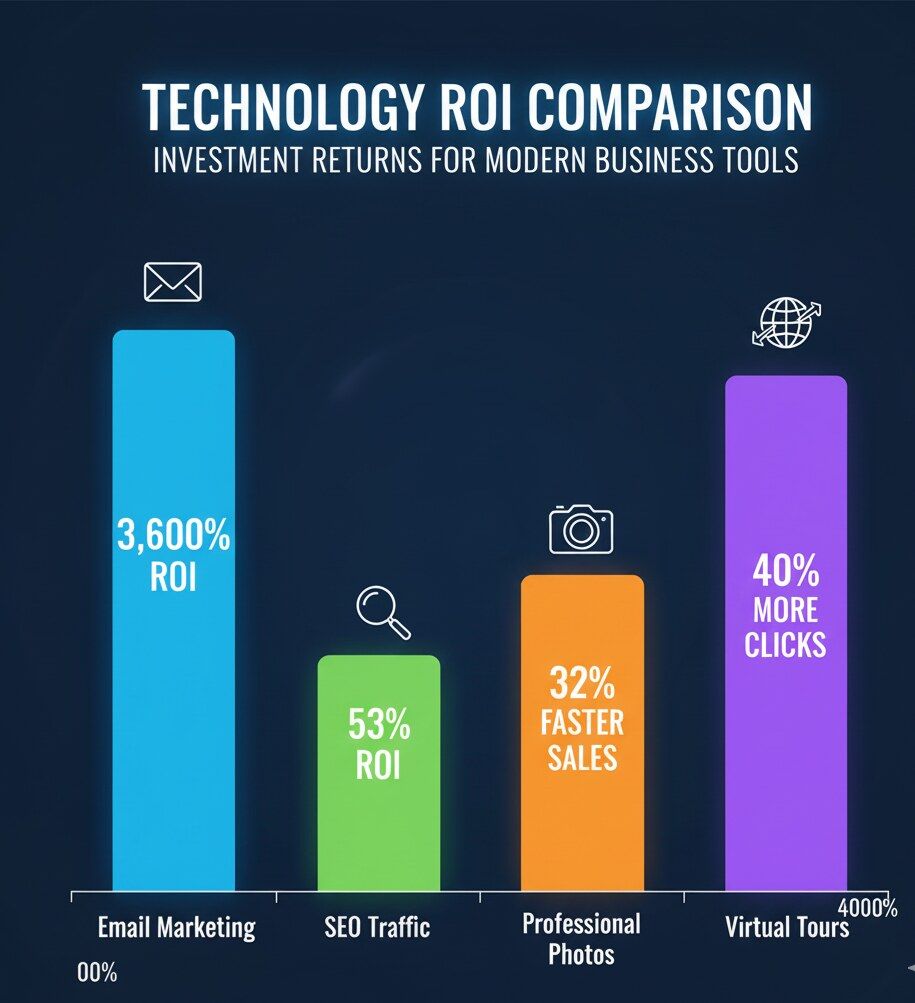 Technology ROI Comparison Chart - bar graph showing Email Marketing (3,600% ROI), SEO Traffic (53%), Professional Photos (32% faster sales), Virtual Tours (40% more clicks) with vibrant colors and clear percentage displays