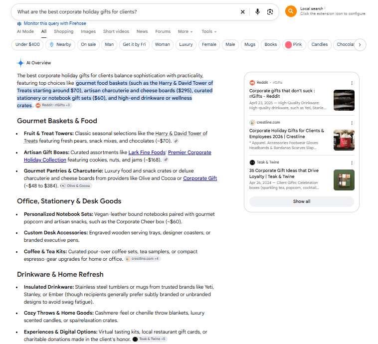 Google AI Overview for best corporate holiday gifts for clients citing Harry and David, Lark Fine Foods and Olive and Cocoa, sourced from Reddit, Crestline and Teak and Twine