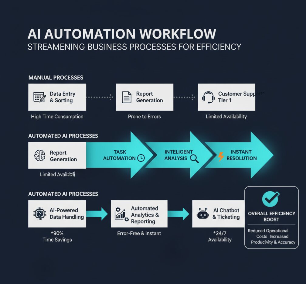 AI Automation Workflow Diagram - process flow showing manual tasks vs automated AI processes, with time savings and efficiency metrics highlighted in each step