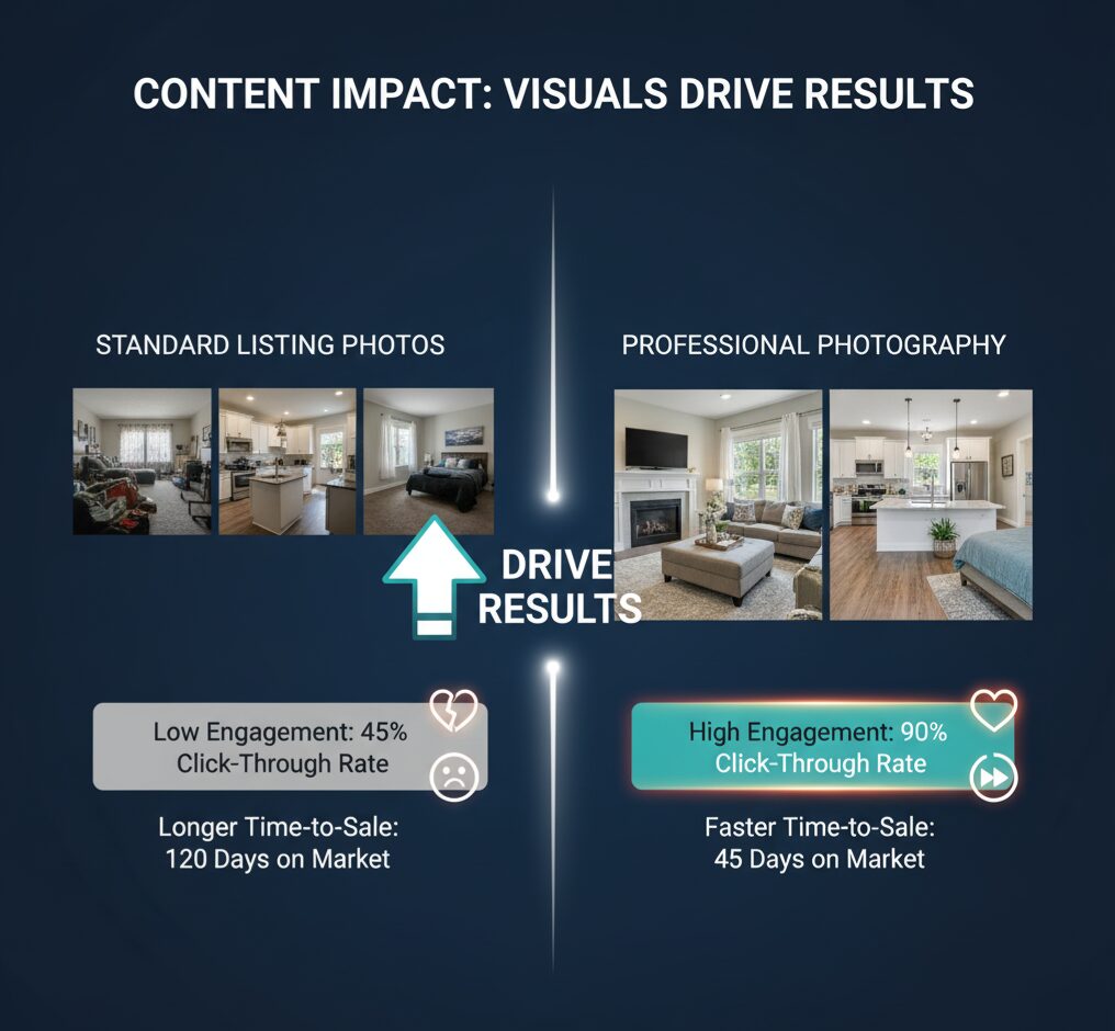 Content Impact Infographic - split-screen comparison showing standard listing photos vs professional photography, with engagement metrics and time-to-sale statistics overlaid