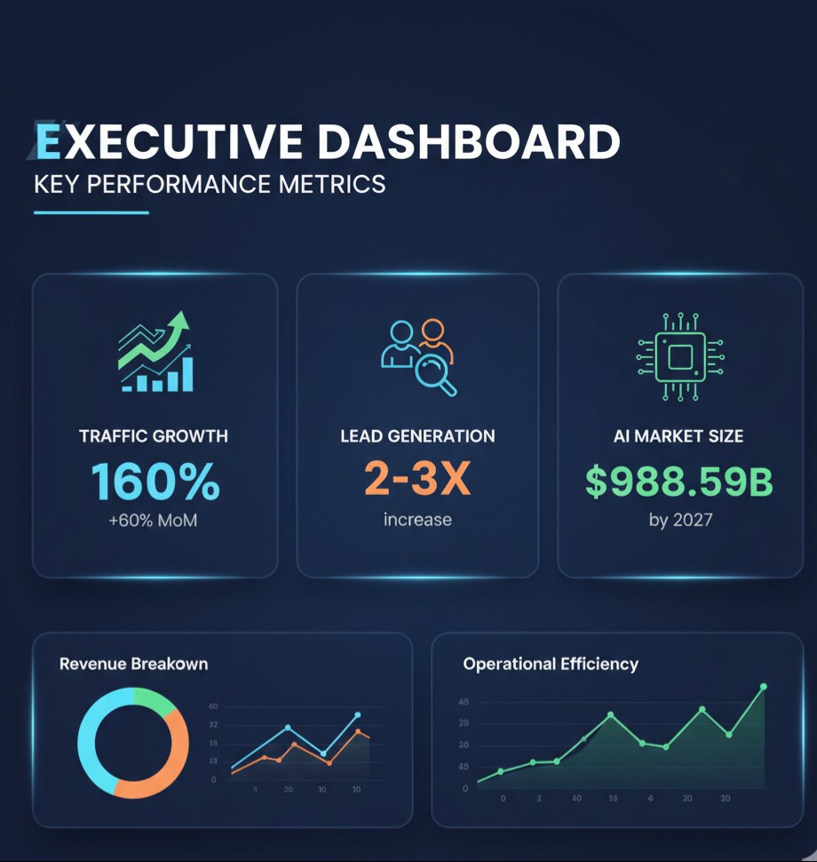 Executive Dashboard Infographic showing key metrics - 160% traffic growth, 2-3x lead generation, $988.59B AI market size, with clean icons and data visualization